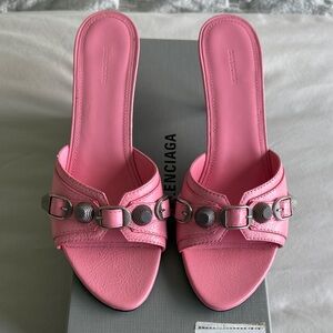 Balenciaga Pink Leather Slide Mules with Silver-Tone Studded Buckles Size 7.5